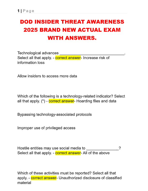 DoD Insider Threat Awareness Exam Prep 2025–2026 | Accurate Questions & Verified Solutions | 100% Pa