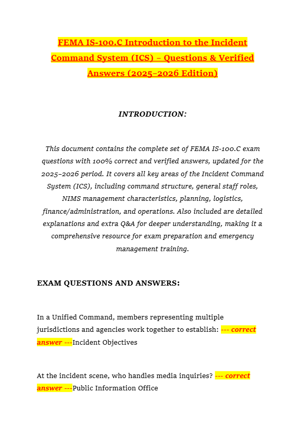FEMA IS-100.C Introduction to the Incident Command System (ICS) – Questions & Verified Answers (2025