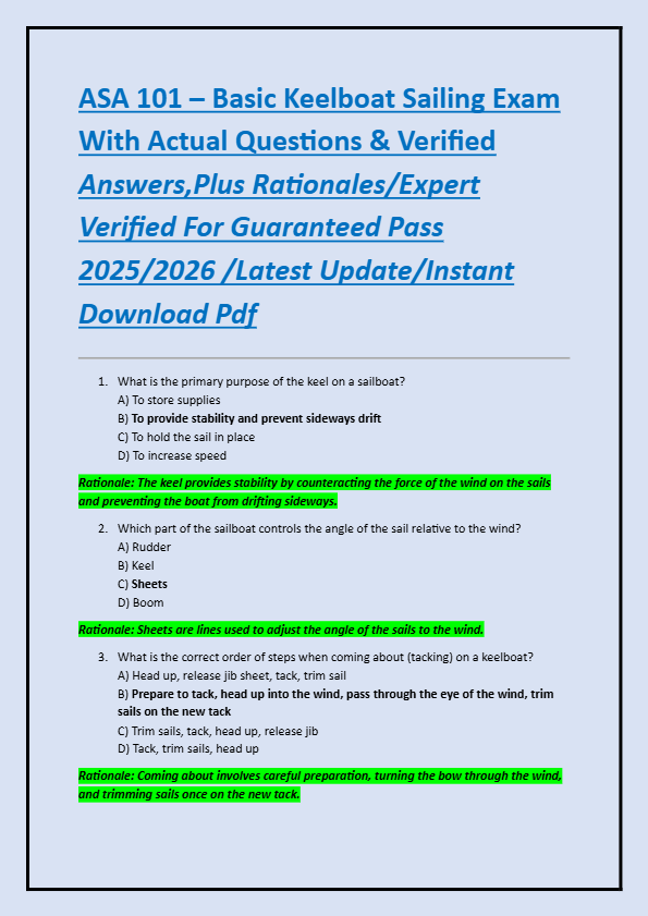 ASA 101 – Basic Keelboat Sailing Exam  With Actual Questions & Verified  Answers,Plus Rationales/Exp