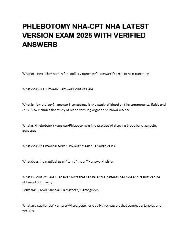 PHLEBOTOMY NHA-CPT NHA LATEST  VERSION EXAM 2025 WITH VERIFIED  ANSWERS