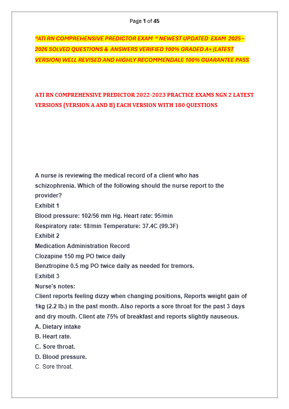 “ATI RN COMPREHENSIVE PREDICTOR EXAM  “ NEWEST UPDATED  EXAM  2025 –  2026 SOLVED QUESTIONS &amp;  ANSWE