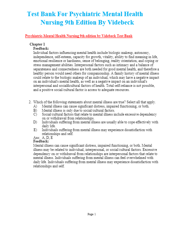 Test Bank For Psychiatric Mental Health Nursing 9th Edition By Videbeck