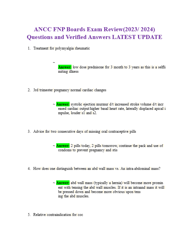 ANCC FNP Boards Exam Review(2023/ 2024)  Questions and Verified Answers LATEST UPDATE