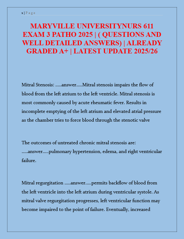 Maryville NURS 611 Exam 3 Pathophysiology 2025: 90+ Q&amp;A | Graded A+ | Latest Update 2025/26