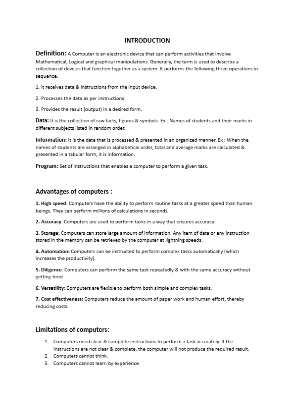 COMPUTER APPLICATION - INTRODUCTIUON NOTES