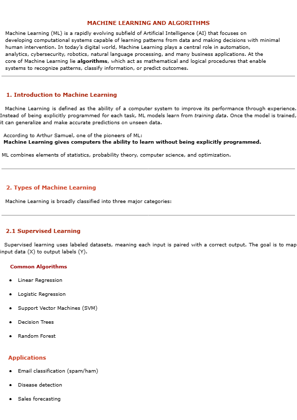 Machine Learning and Algorithms