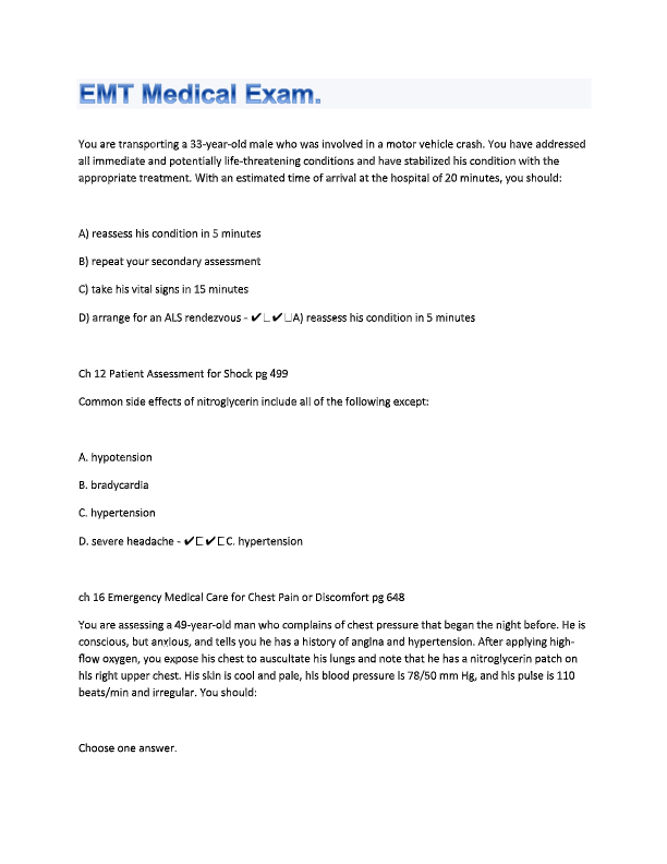 EMT Medical Exam 1 (Chapters 1–8) 2025–2026 | Practice Questions & Verified Answers
