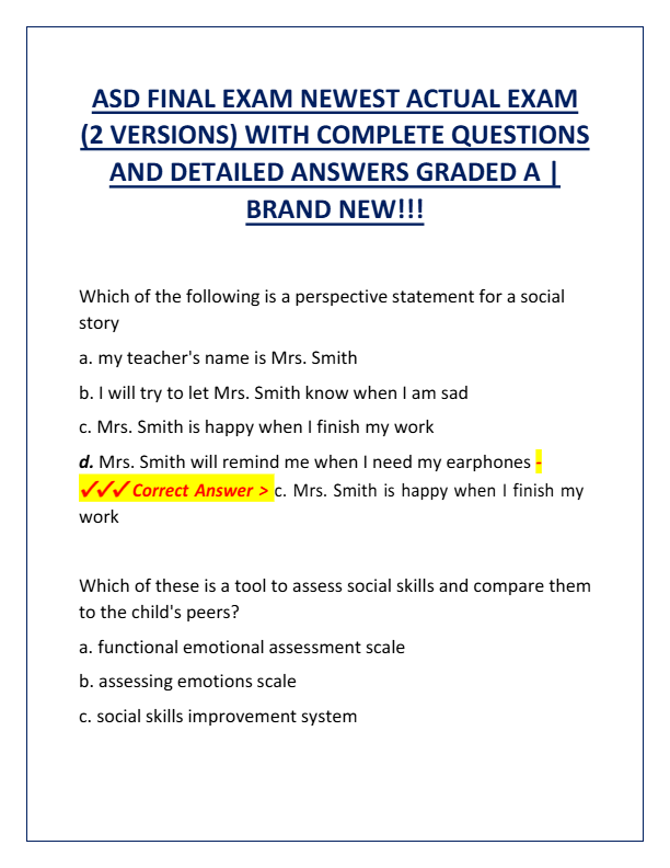 ASD Final Exam 2025: Newest Actual Exam (2 Versions) with Complete Questions & Detailed Answers | Gr