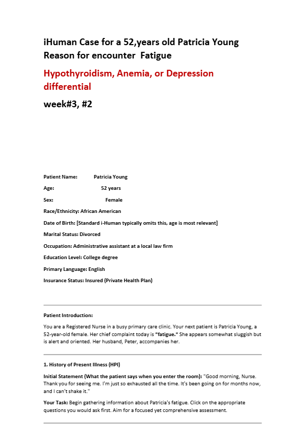 iHuman Case for a 52,years old Patricia Young Reason for encounter Fatigue Hypothyroidism, Anemia, o