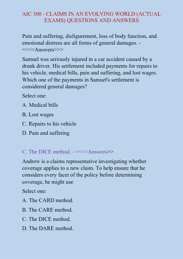 AIC 300 Claims in an Evolving World Exam 2025: Actual Questions & Verified Answers – Graded A+
