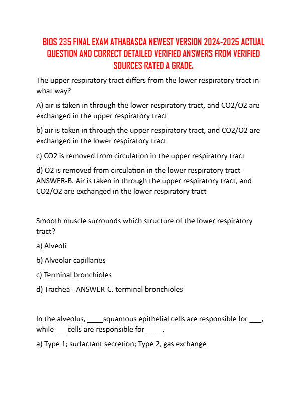 BIOS 235 FINAL EXAM ATHABASCA NEWEST VERSION 2024-2025 ACTUAL QUESTION AND CORRECT DETAILED VERIFIED