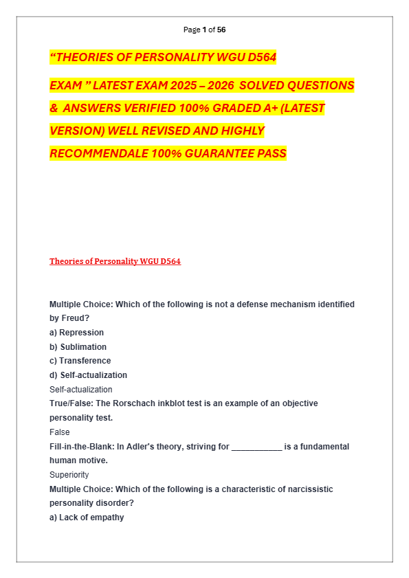 “THEORIES OF PERSONALITY WGU D564  EXAM ” LATEST EXAM 2025 – 2026  SOLVED QUESTIONS  &  ANSWERS VERI