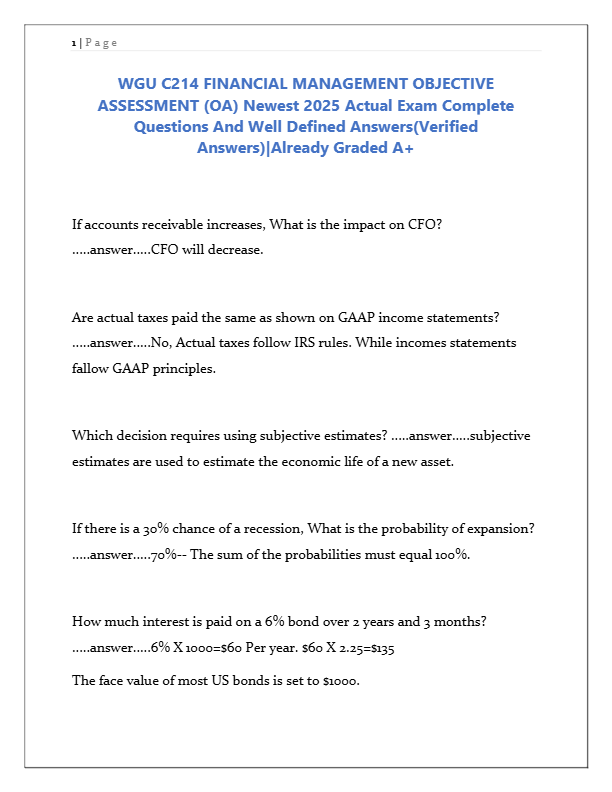 WGU C214 Financial Management OA Study Guide 2025 | Complete Exam Questions & Verified Answers