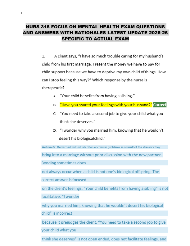 NURS 318 FOCUS ON MENTAL HEALTH EXAM QUESTIONS  AND ANSWERS WITH RATIONALES LATEST UPDATE 2025-26  S