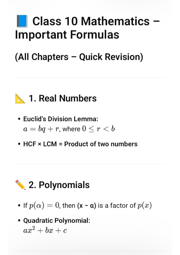 Class 10 Maths Important Formulas PDF | All Chapters | Quick Revision Notes