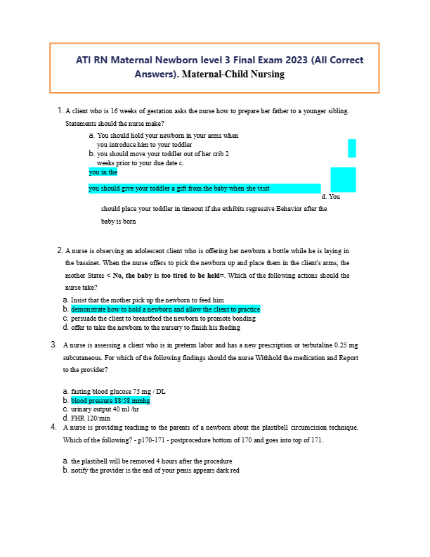 ATI RN Maternal Newborn Level 3 Final Exam 2023 – Verified Answers