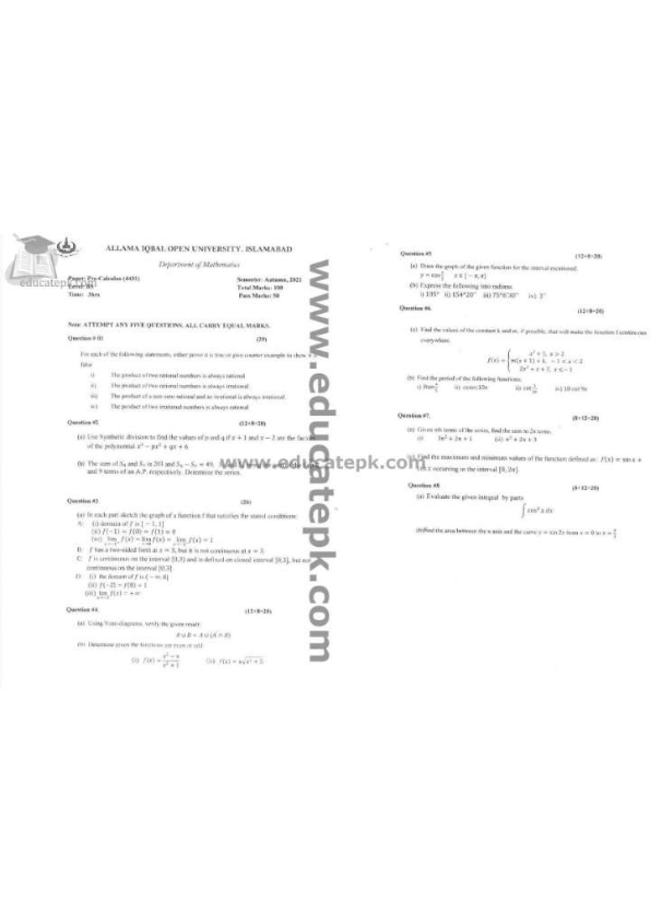 AIOU 4431 Pre-Calculus / Business Mathematics Past Papers | Most Repeated Exam Questions & Important