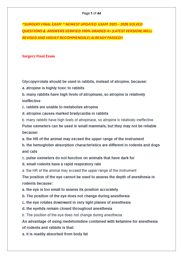 “SURGERY FINAL EXAM  “ NEWEST UPDATED  EXAM  2025 – 2026 SOLVED  QUESTIONS &  ANSWERS VERIFIED 100%