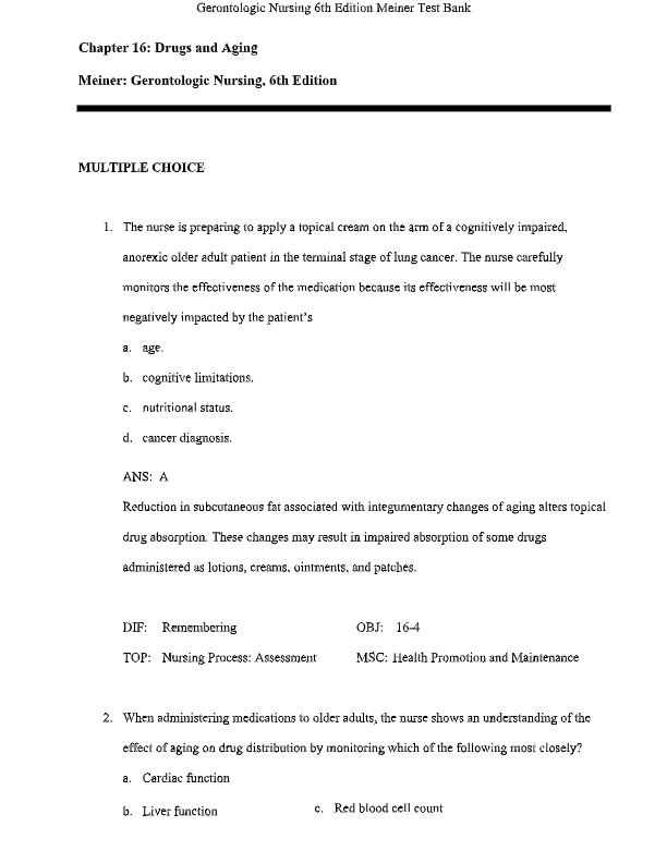 Gerontologic Nursing 6th Edition Test Bank – Chapter 16: Drugs and Aging | Sue E. Meiner & Jennifer