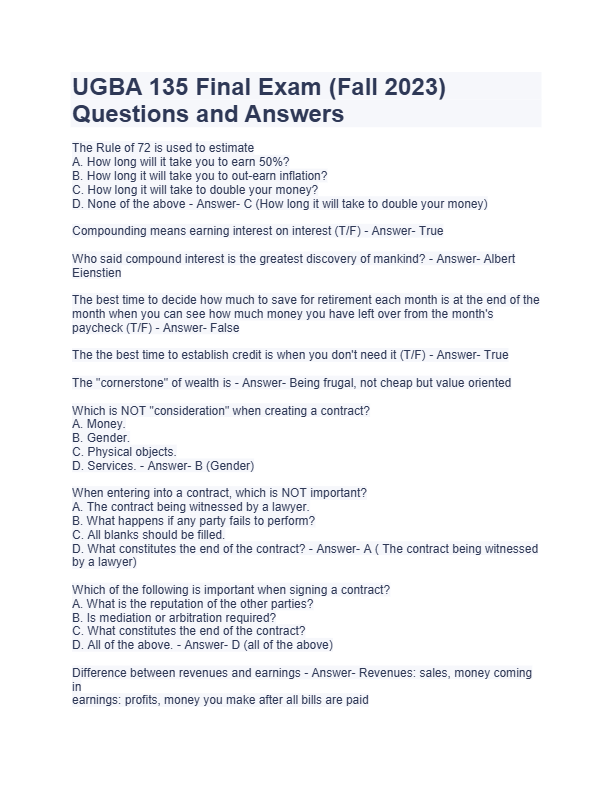 UGBA 135 Final Exam 2025: Complete Questions & Verified Answers (100% Accurate, A+ Guaranteed)