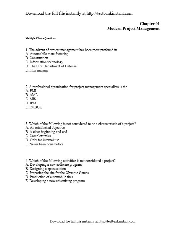 Complete Test Bank for Modern Project Management 6th Edition – Chapters 1–18 | Larson