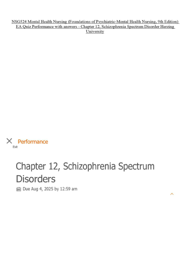 NSG524 Mental Health Nursing (Foundations of Psychiatric-Mental Health Nursing, 9th Edition) EA Quiz