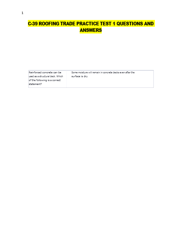 C-39 ROOFING TRADE PRACTICE TEST 1 QUESTIONS AND  ANSWERS