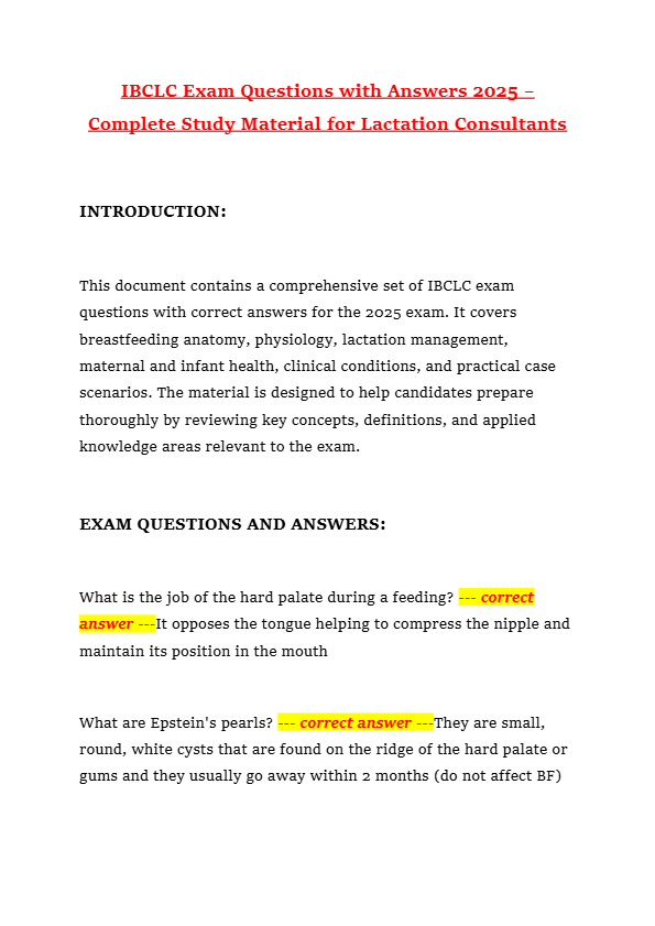 IBCLC Exam Questions with Answers 2025 – Complete Study Material for Lactation Consultants