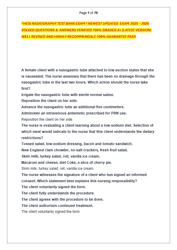 “HESI RADIOGRAPHY TEST BANK EXAM “ NEWEST UPDATED  EXAM  2025 – 2026  SOLVED QUESTIONS &  ANSWERS VE