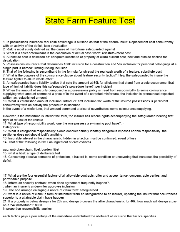 State Farm Property Exam Package Deal 2025–2026: Comprehensive Questions & Answers | 100% Pass Guara