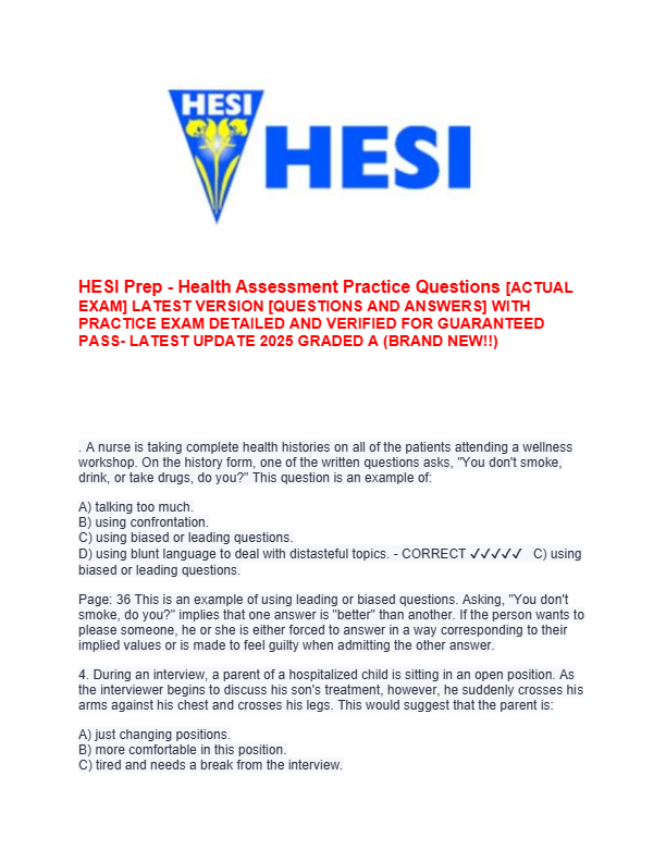 HESI Prep - Health Assessment Practice Questions [ACTUAL  EXAM] LATEST VERSION [QUESTIONS AND ANSWER