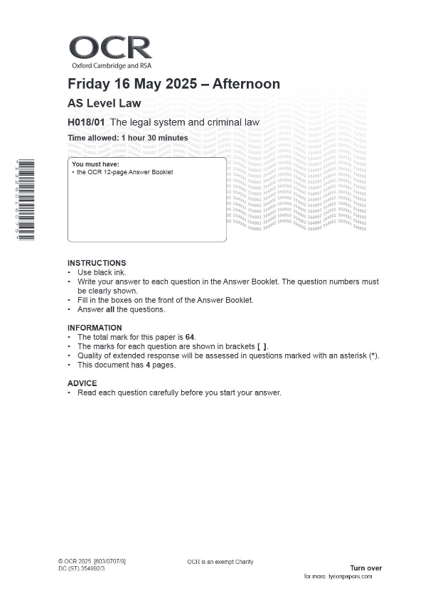 OCR AS Level Law H018/01 The legal system and criminal law june 2025