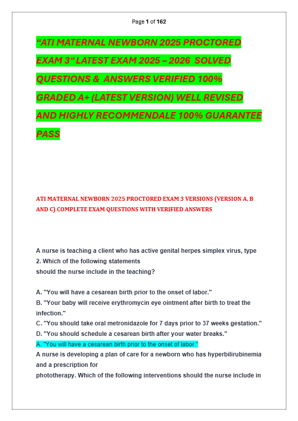 “ATI MATERNAL NEWBORN 2025 PROCTORED  EXAM 3” LATEST EXAM 2025 – 2026  SOLVED  QUESTIONS &amp;  ANSWERS