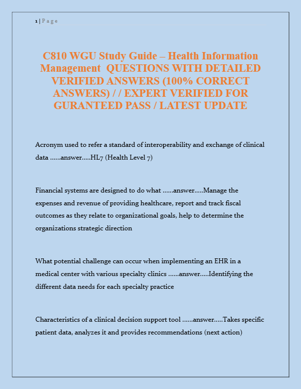 C810 WGU Study Guide 2025: Health Information Management Questions & Verified Answers | Expert-Revie