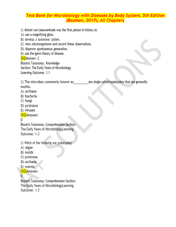 Test Bank for Microbiology with Diseases by Body System, 5th Edition  (Bauman, 2017), All Chapters