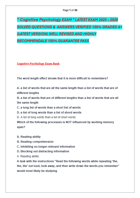 -“ Cognitive Psychology EXAM ” LATEST EXAM 2025 – 2026  SOLVED QUESTIONS &  ANSWERS VERIFIED 100% GR