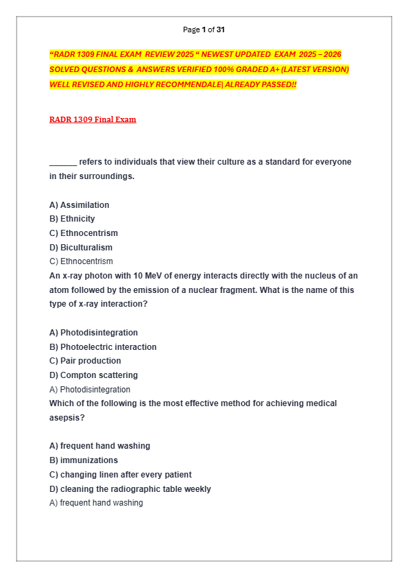 “RADR 1309 FINAL EXAM  REVIEW 2025 “ NEWEST UPDATED  EXAM  2025 – 2026  SOLVED QUESTIONS &  ANSWERS