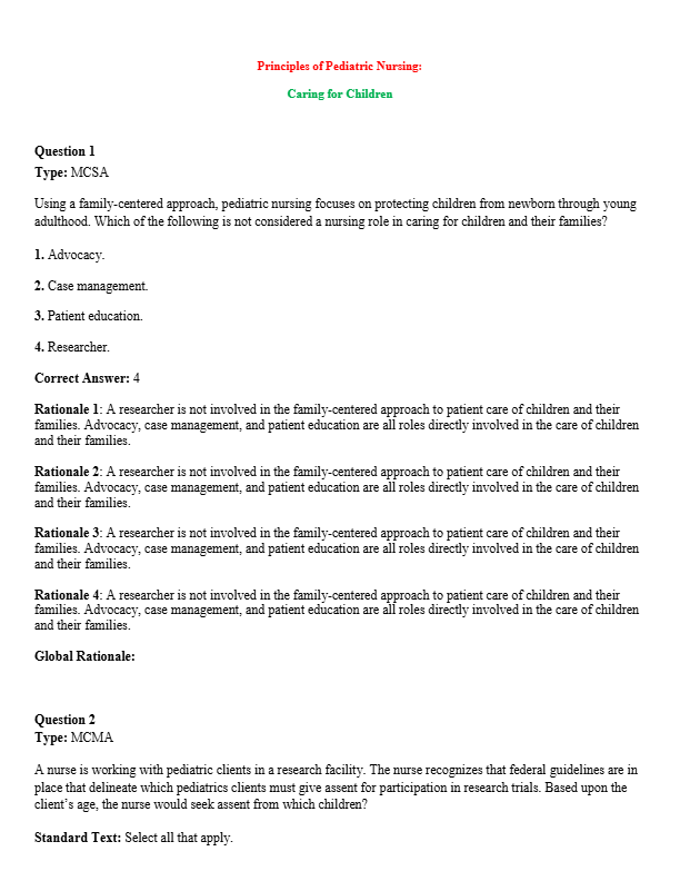 Test Bank for Principles of Pediatric Nursing Caring for Children 7th Edition | Ball, Bindler, Cowan