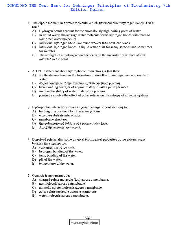 Complete Test Bank for Principles of Biochemistry 5th Edition | Moran, Horton, Scrimgeour & Perry