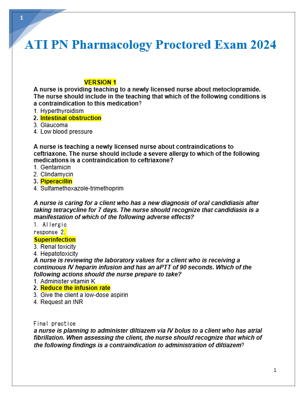 ATI PN Pharmacology Proctored Exam 2024-2025