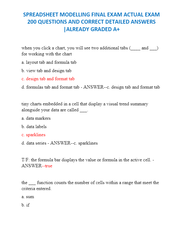 SPREADSHEET MODELLING FINAL EXAM ACTUAL EXAM 200 QUESTIONS AND CORRECT DETAILED ANSWERS |ALREADY