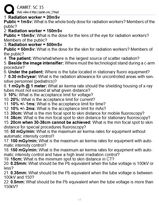 CAMRT SC 35 Exam Actual Test Questions & Answers 2025–2026 | Radiation Safety, Dose Limits, Equipmen