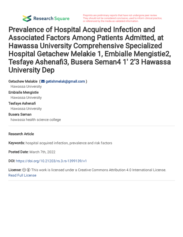 Prevalence of Hospital Acquired Infection and Associated Factors Among Patients Admitted, at Hawassa