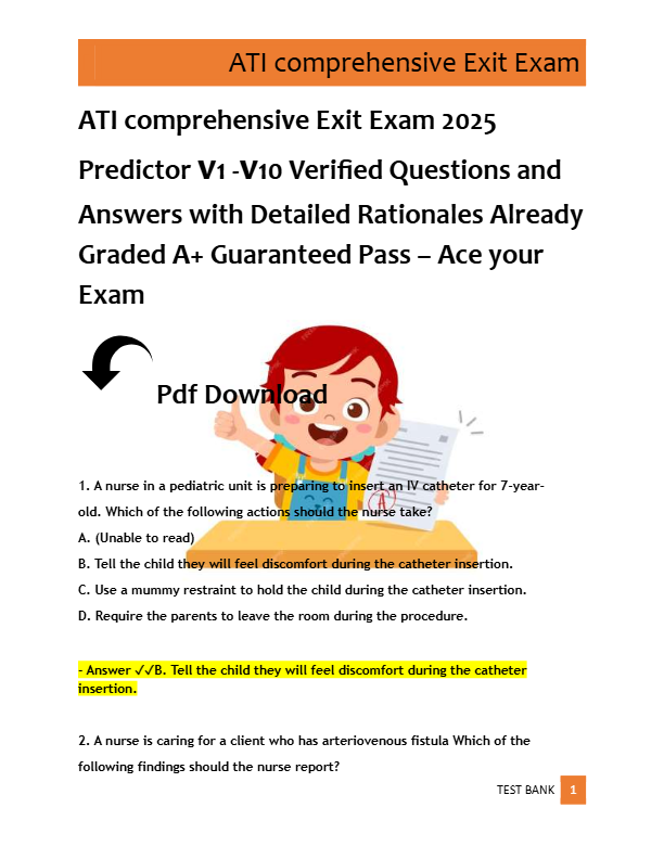 ATI comprehensive Exit Exam 2025  Predictor v1 -v10 Verified Questions and  Answers with Detailed Ra