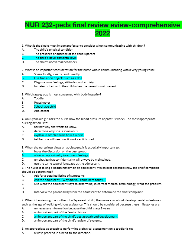 NUR 232-peds final review-comprehensive