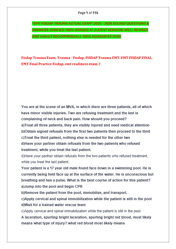 “EMT FISDAP TRAUMA ACTUAL EXAM” 2025 – 2026 SOLVED QUESTIONS &   ANSWERS VERIFIED 100% GRADED A+ (LA