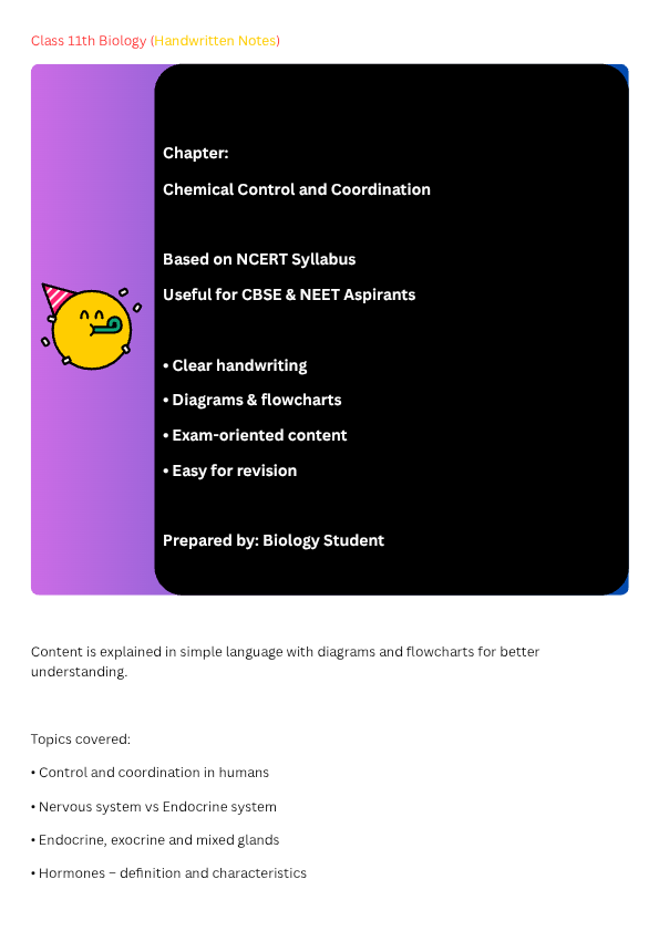 Biology – Class 11 (Chemical Control and Coordination)