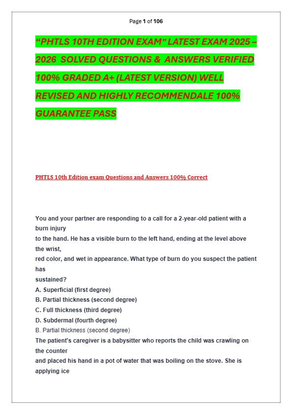 “PHTLS 10TH EDITION EXAM” LATEST EXAM 2025 –  2026  SOLVED QUESTIONS &  ANSWERS VERIFIED  100% GRADE