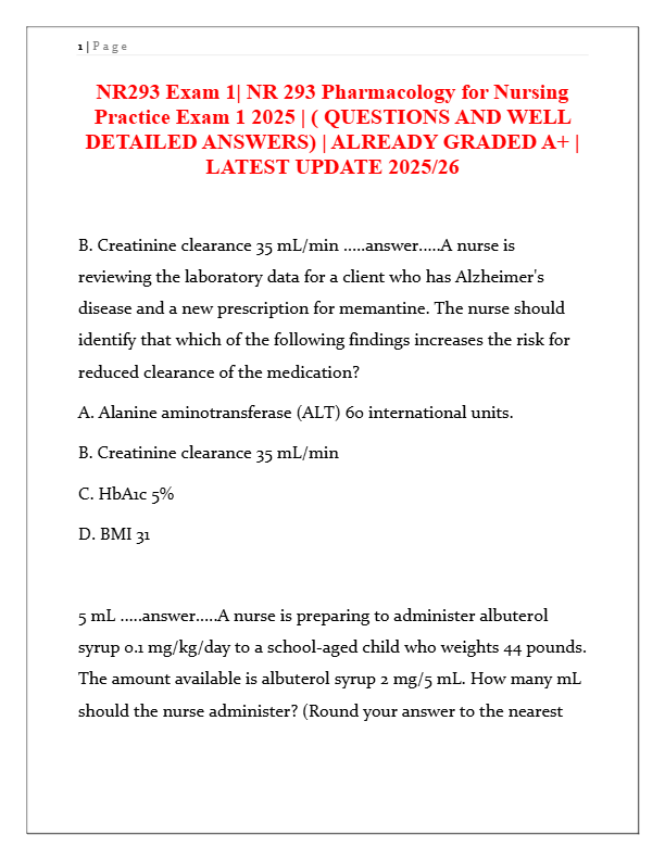 NR293 Pharmacology Exam 1 2025: 100+ Q&amp;A with Detailed Answers | Graded A+ | Latest Update