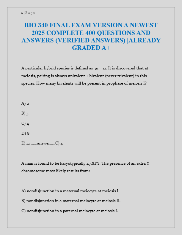 BIO 340 Final Exam Version A 2025: 400 Verified Questions & Answers (Graded A+)